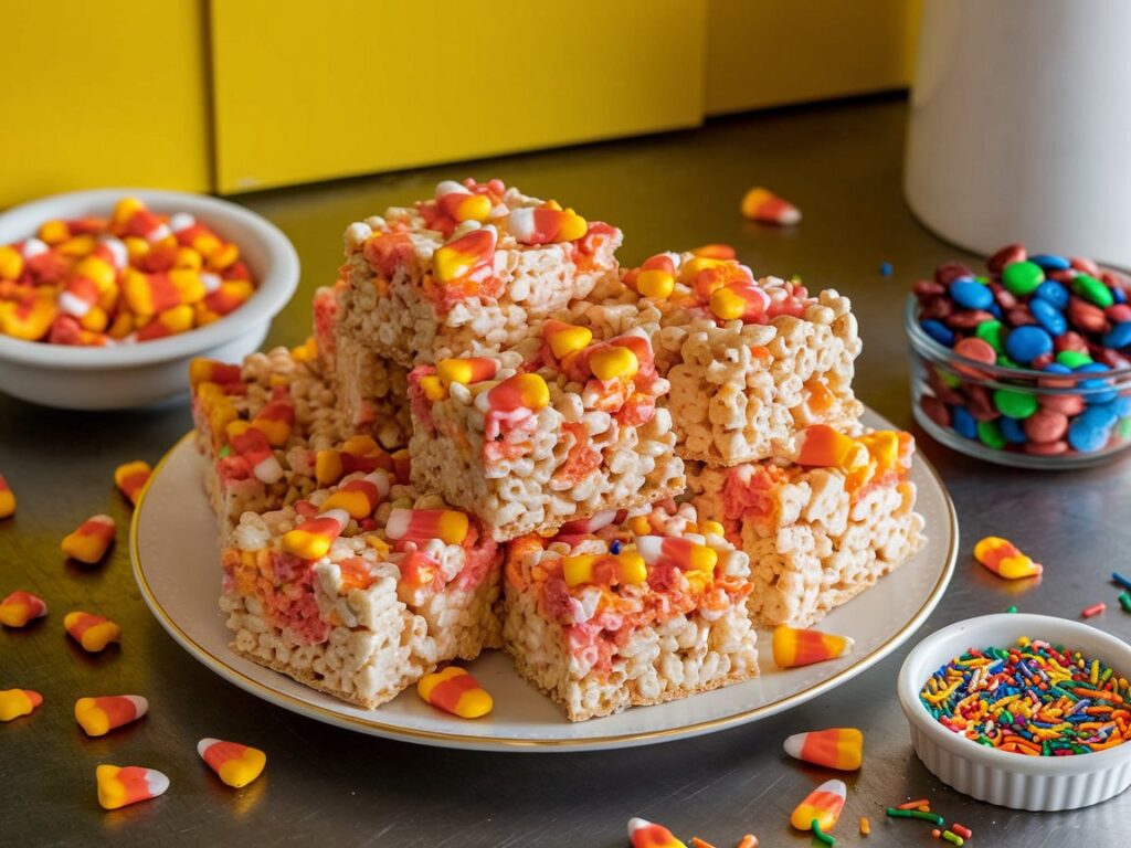 Candy Corn Rice Krispie treats with M&M's and sprinkles