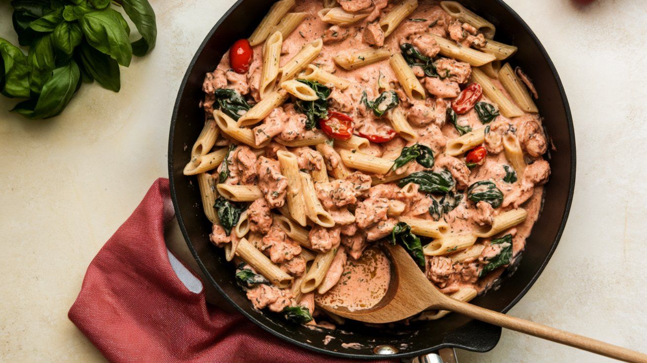 one-skillet cheesy ground chicken pasta recipe